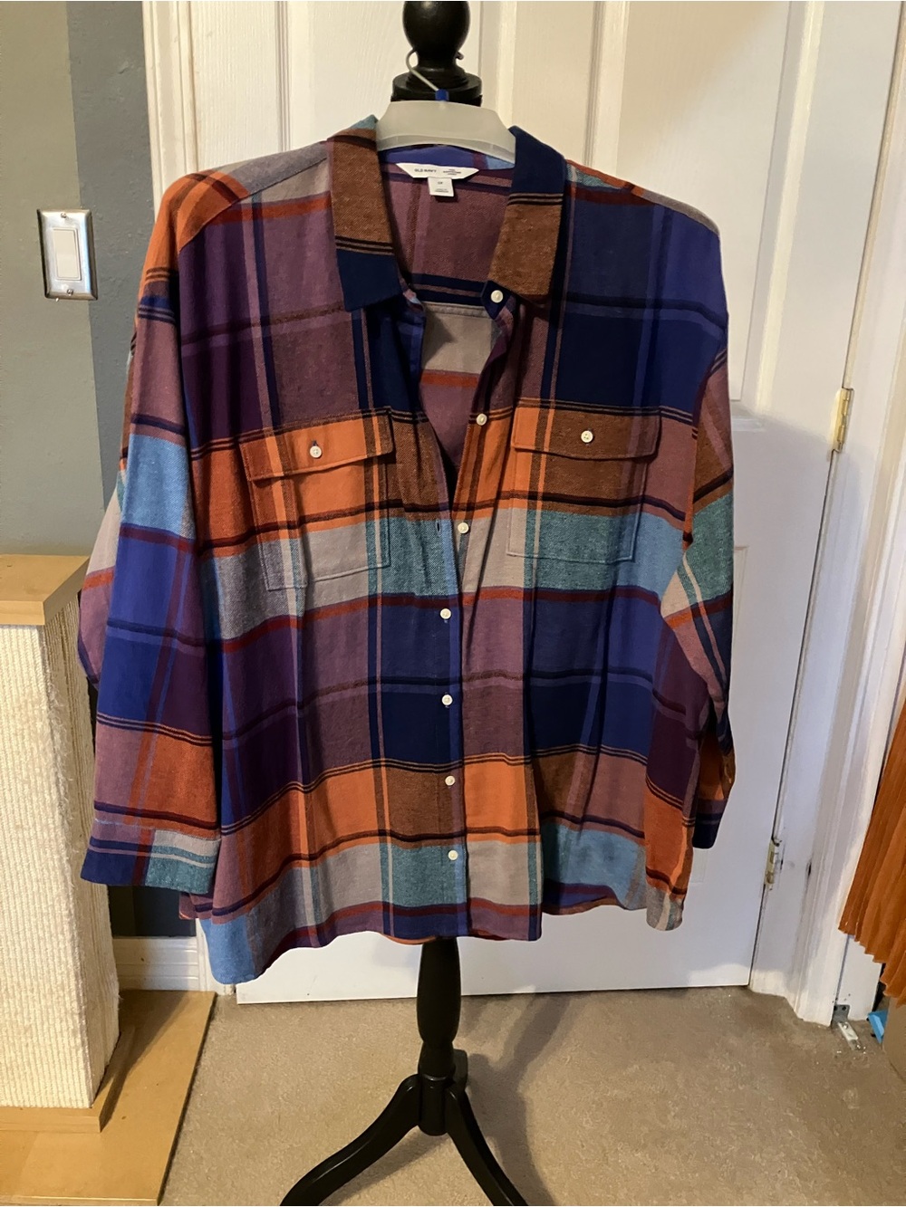 Old Navy Plaid Boyfriend Shirt in Navy, Rust & Purple